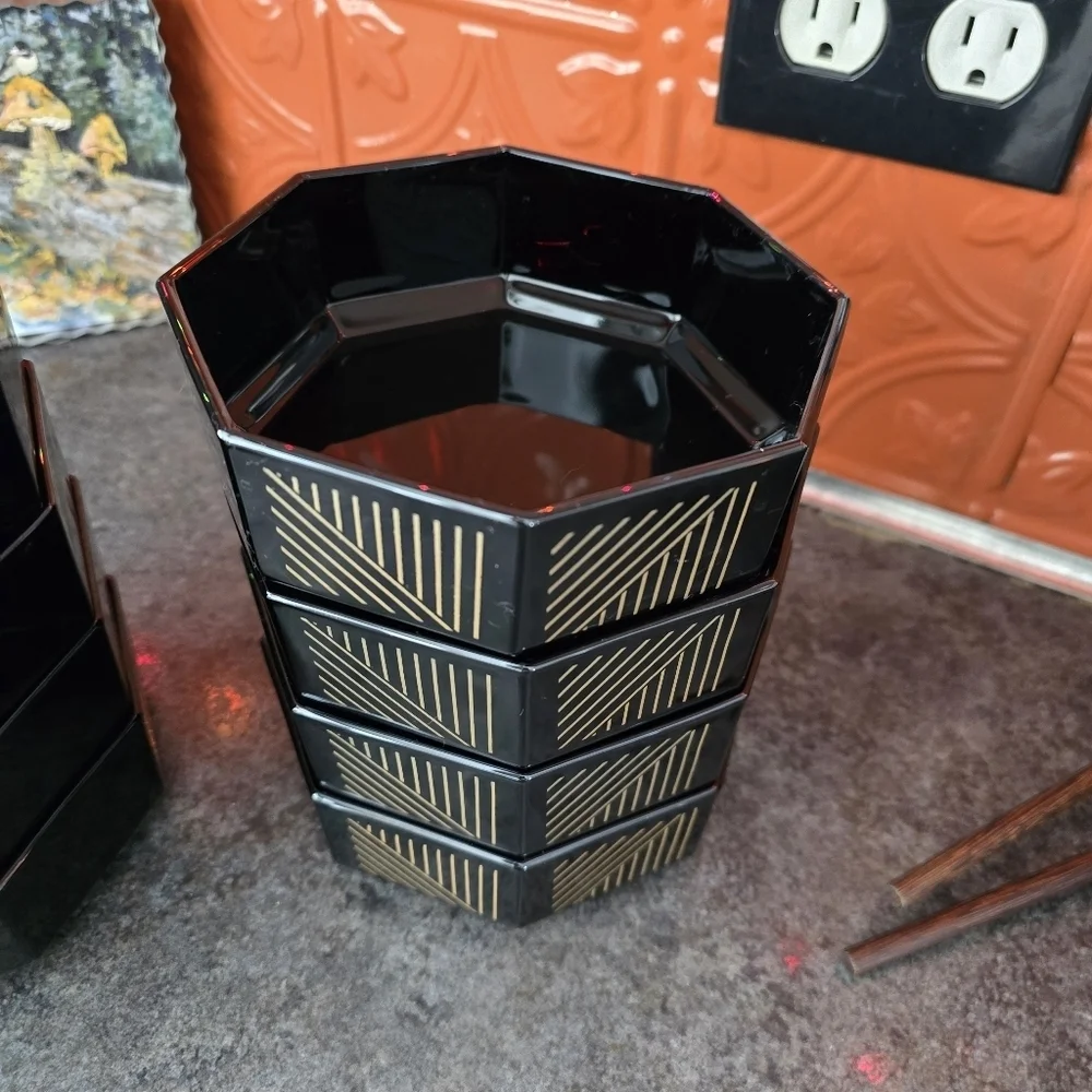 Set Of 8 Arcoroc France Marine Gold Black Octagonal Cereal Soup Bowls